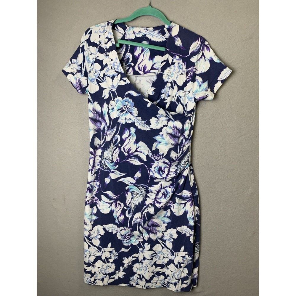 Soft Surroundings Dress Women Sz M Blue Floral Shapely Anywhere Faux Wrap Knee